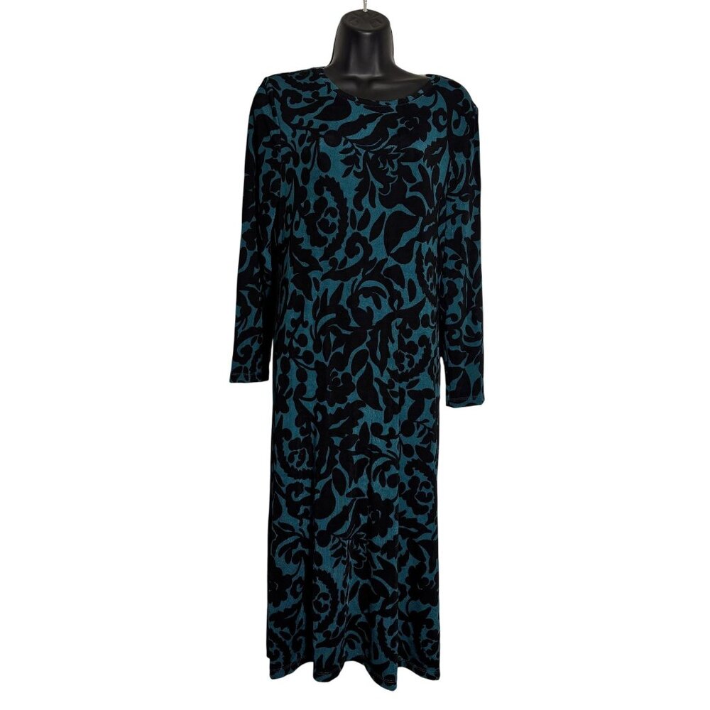 Chicos Travelers Peacock Teal Foliage Tales Midi Dress Long Sleeve